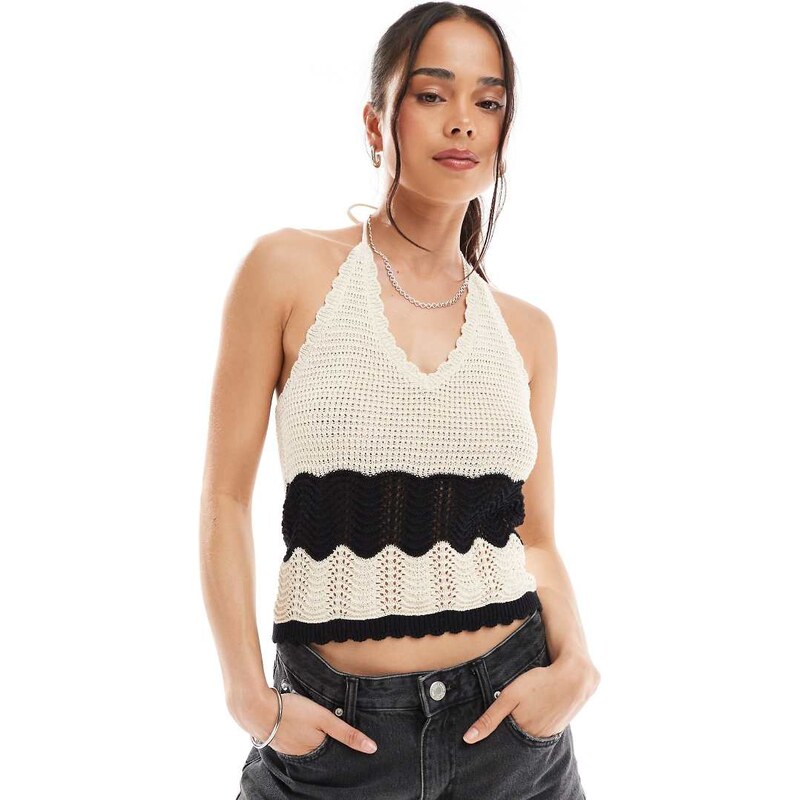 Vero Moda crochet knit halter top in cream and black-White 105981622