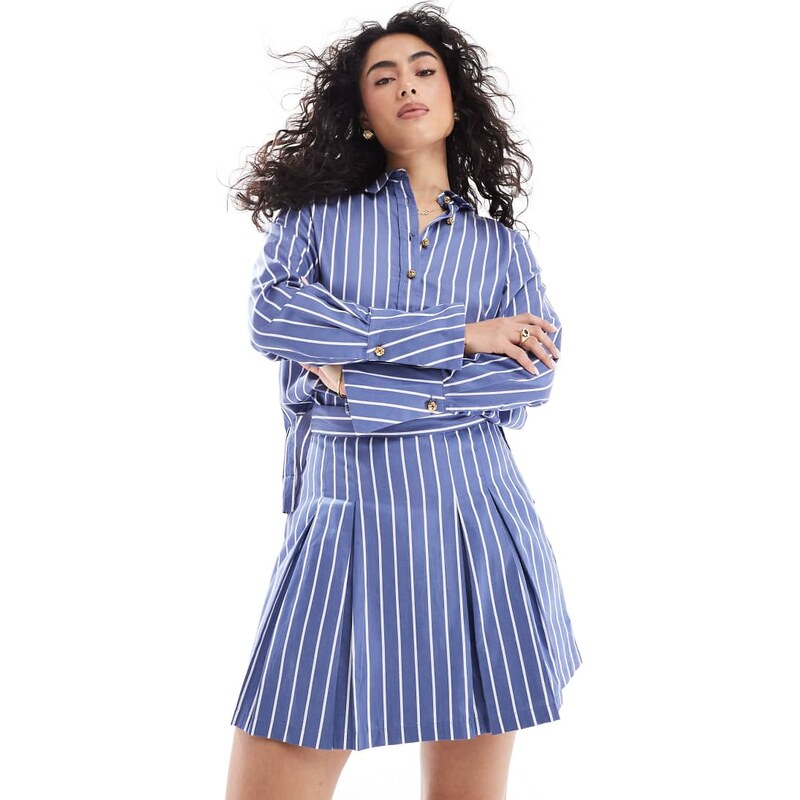 French Connection Alexis cotton stripe pleated mini skirt in navy and 105981749