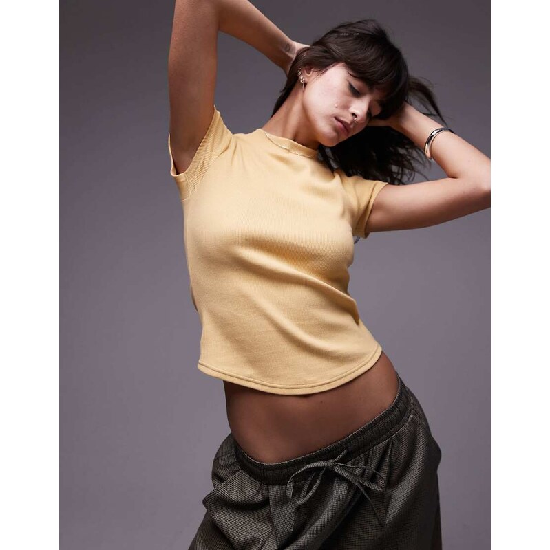 Topshop rib fitted curve hem tee in buttermilk-Yellow 106016769