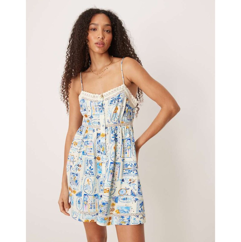 ASOS DESIGN broderie cami button through mini dress in blue