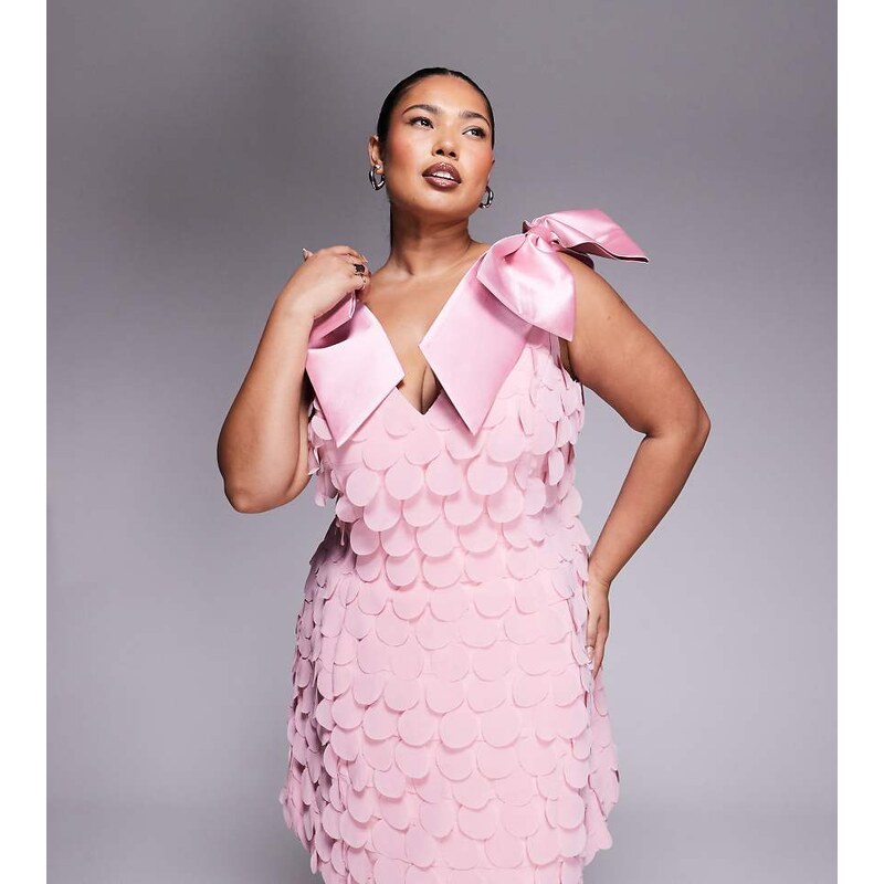 ASOS LUXE Curve bow shoulder disc mini dress in light pink 106103495