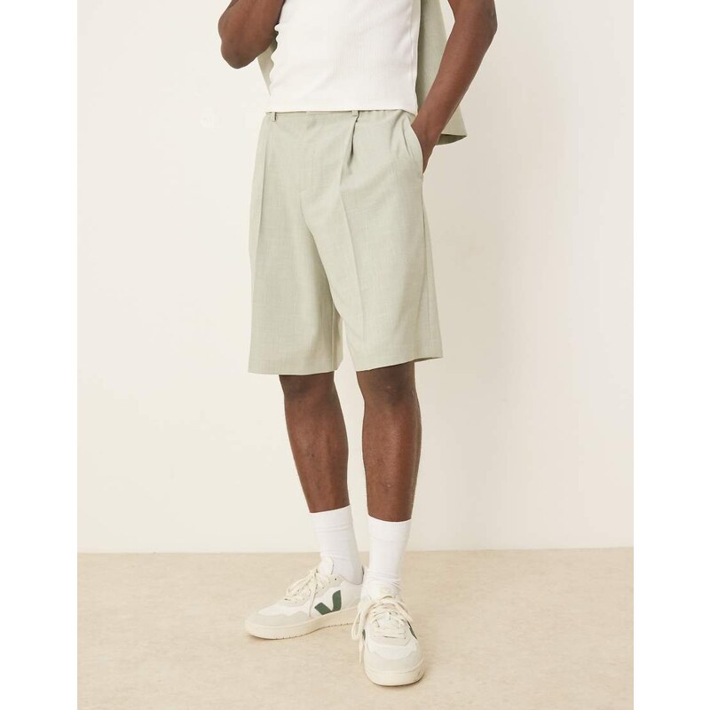 ASOS DESIGN linen look wide suit short in sage green