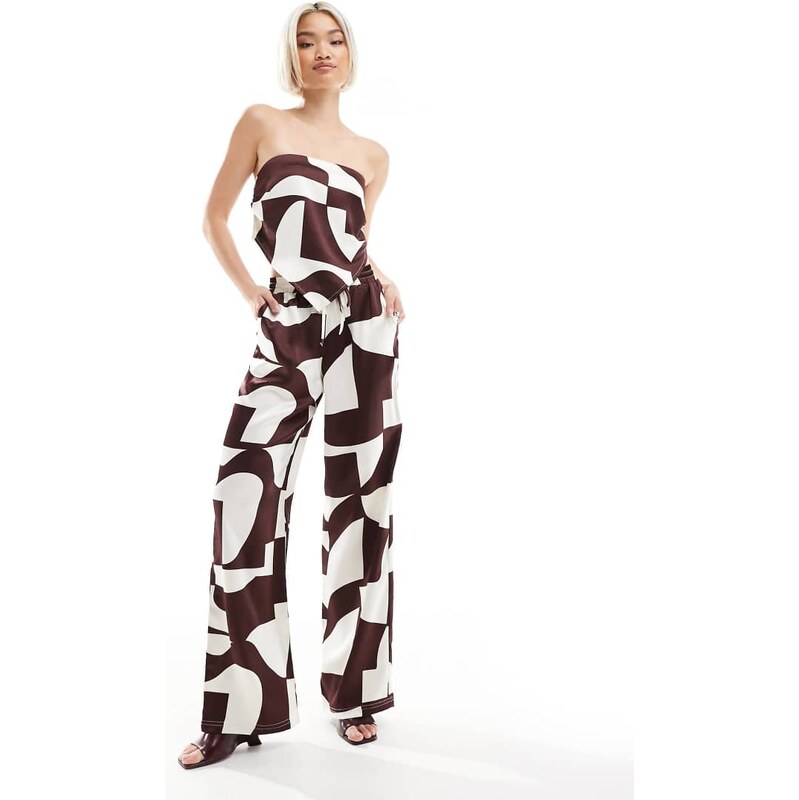 4th & Reckless drawstring satin wide leg trousers co-ord in brown geo 105996963