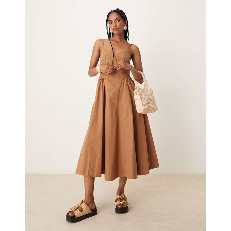 Threadbare cotton rich midi dress with drop waist in brown 113760113