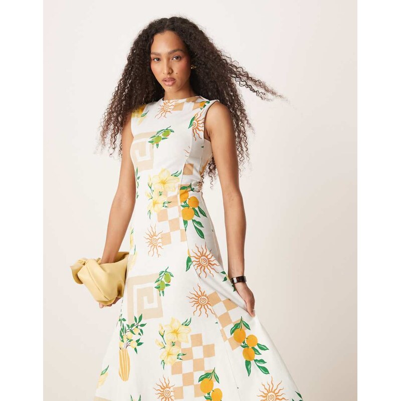 ASOS Design cotton sleeveless midi sundress in postcard print