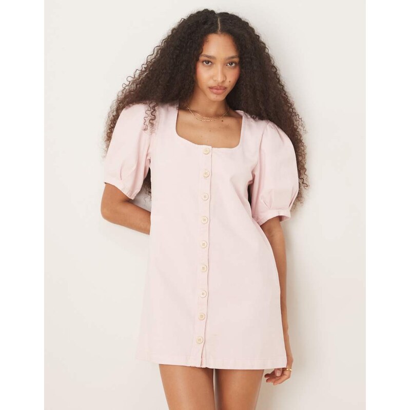 ASOS DESIGN denim button through mini dress with puff sleeves in