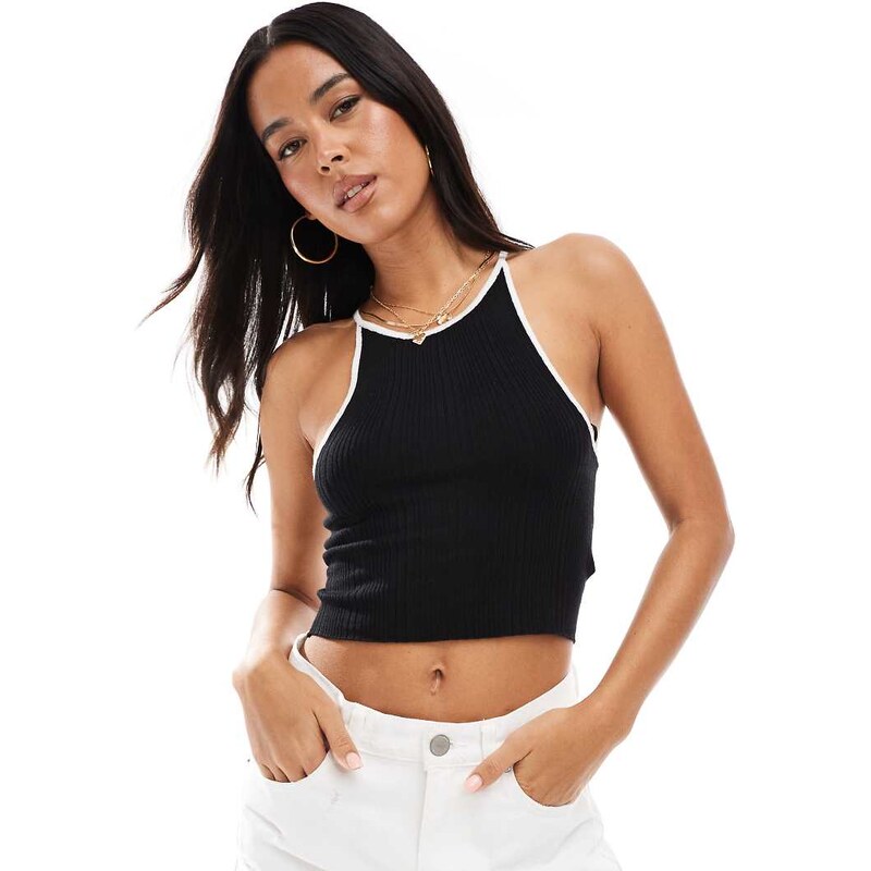Brave Soul knitted cropped vest in black with white tipping