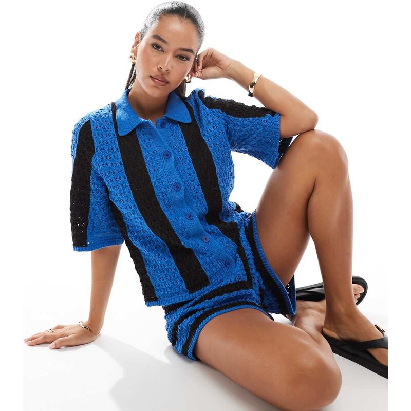 ASOS DESIGN crochet knitted shirt co-ord in stripe-Multi 105997194
