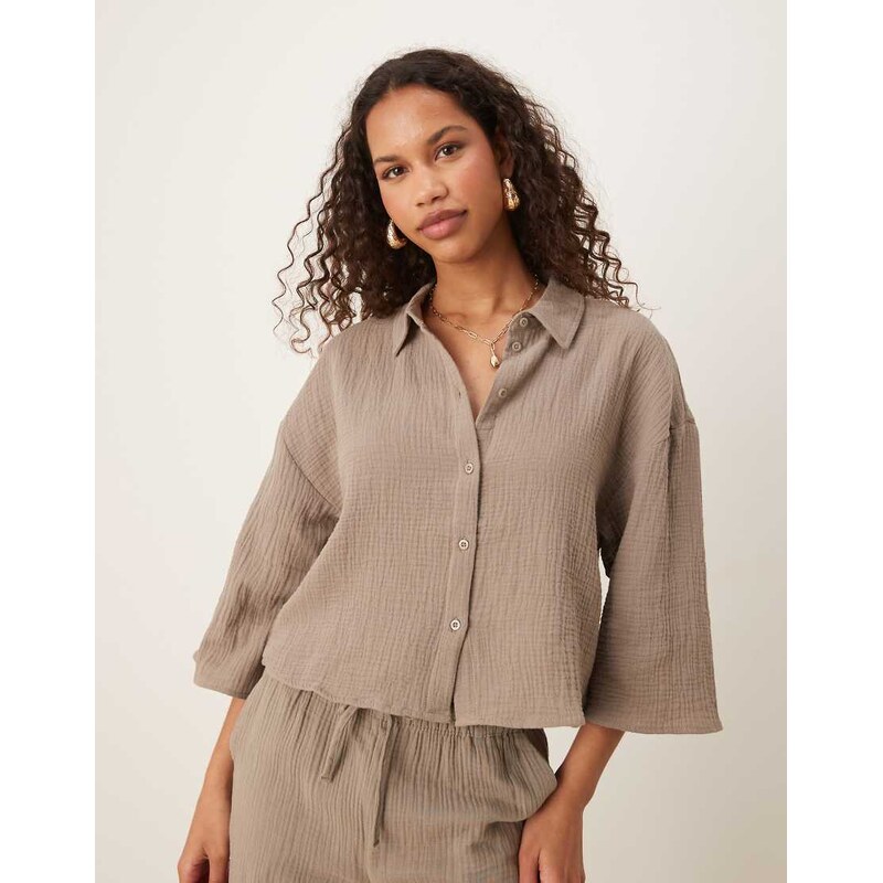 JDY cropped cheesecloth shirt co-ord in light brown