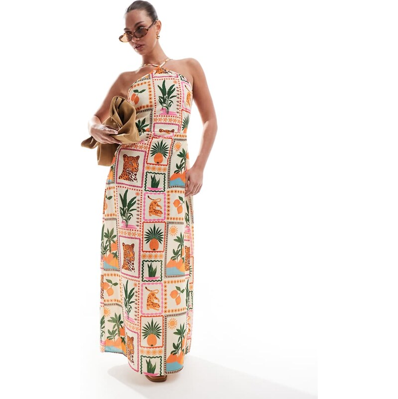 Vero Moda halter maxi dress in tropical postcard print-Multi