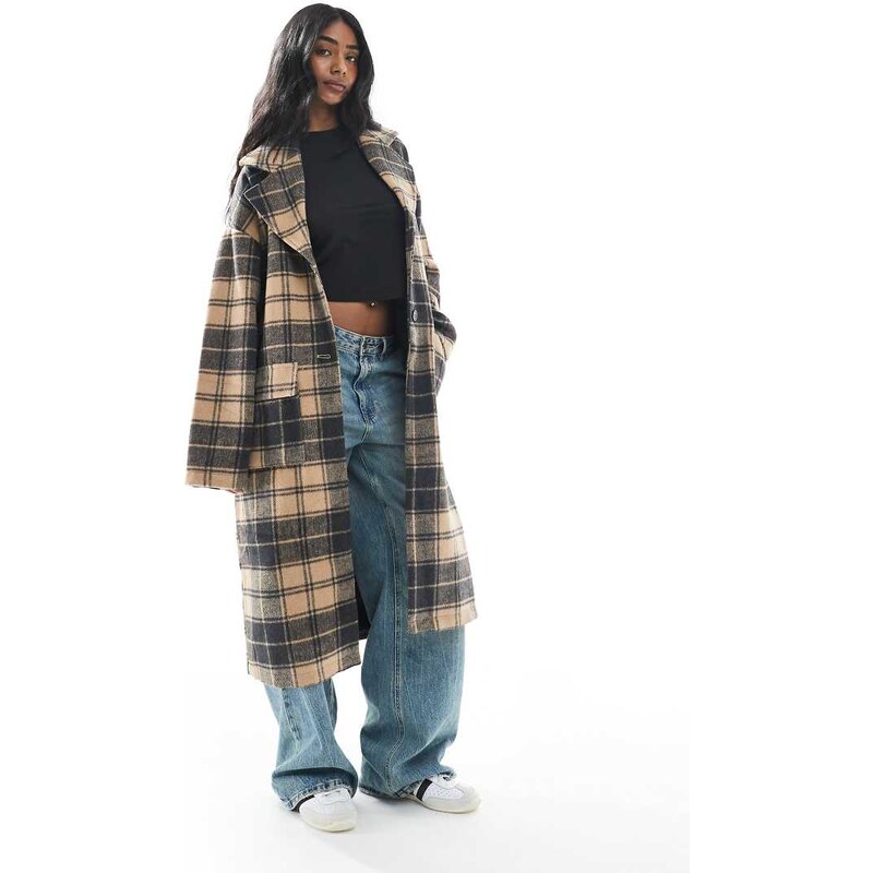 Wednesdays Girl check coccon overcoat in camel-Brown
