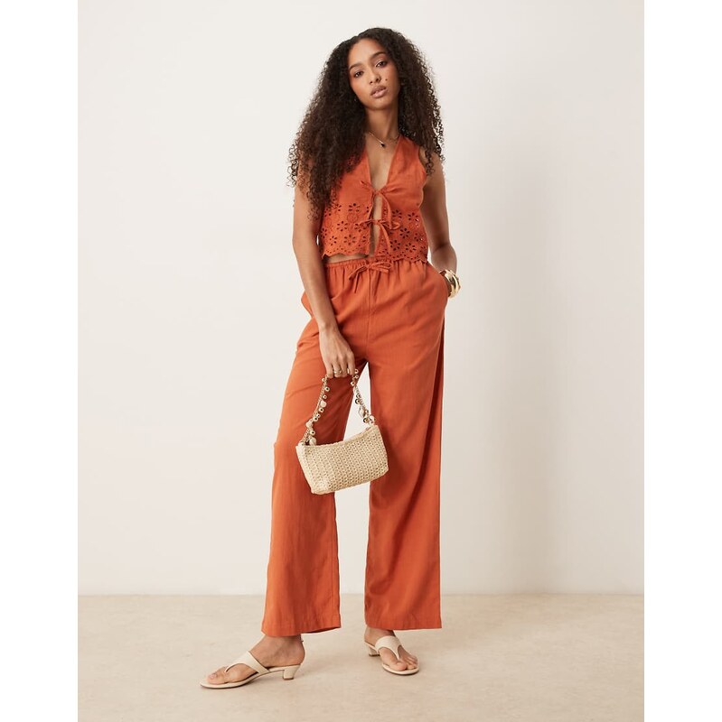 Iisla & Bird ruffle front beach trouser co-ord in rust-Orange 115510392