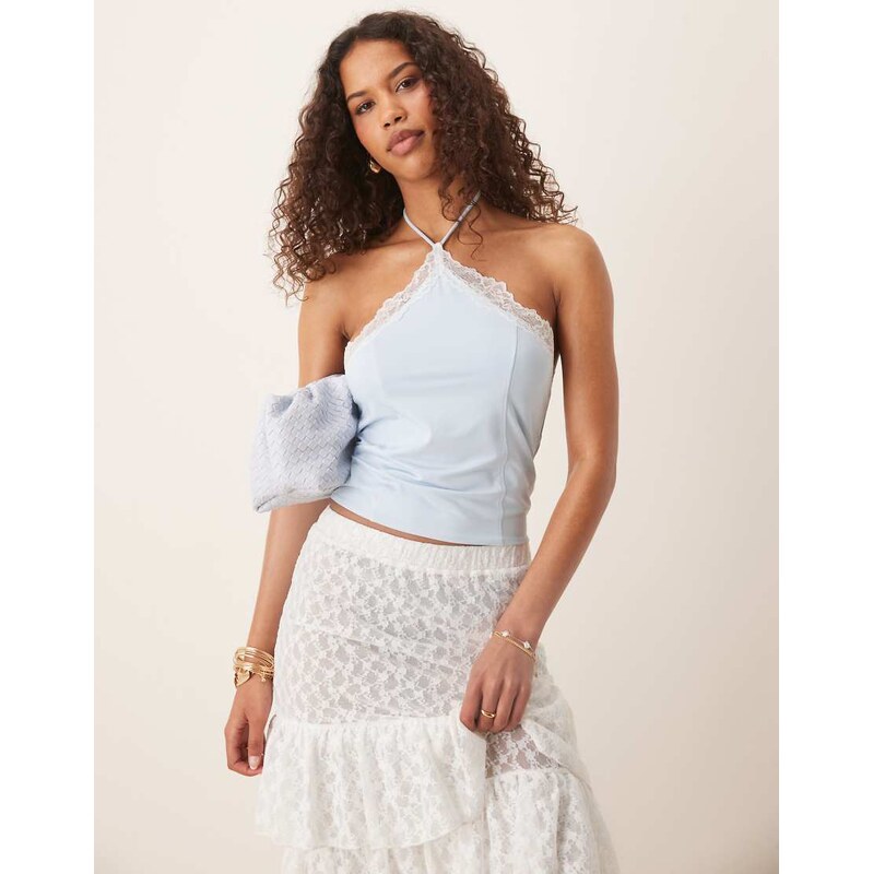 ASOS DESIGN slinky lace trim halter top in pale blue 115511306