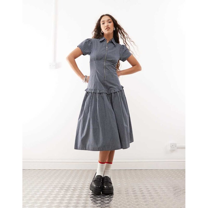 COLLUSION drop waist midi shirt dress in blue check 106512421