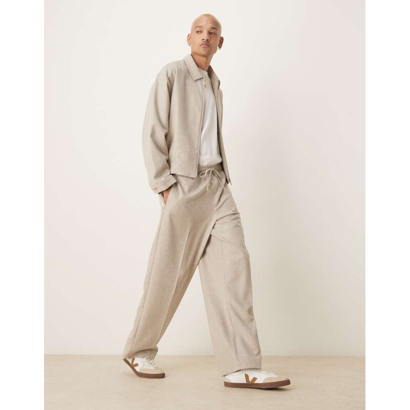 ASOS DESIGN smart co-ord pull on wide trousers in stone texture slub-Neutral