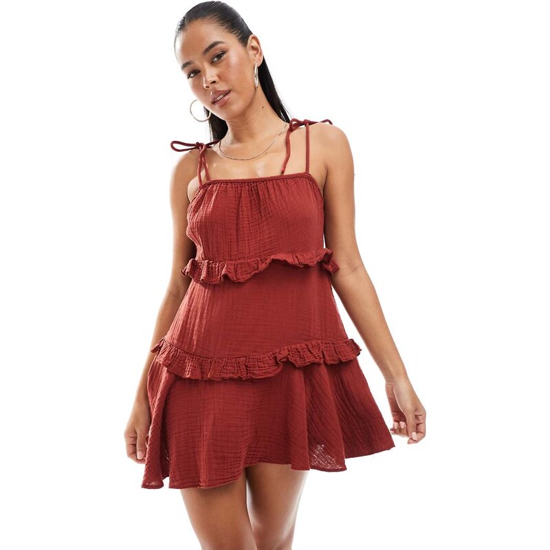 New Look tiered mini sundress in burgundy