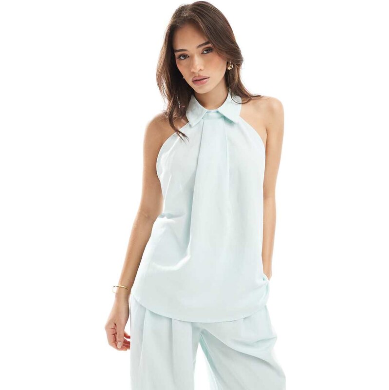 ASOS DESIGN collar detail halter top in blue co ord