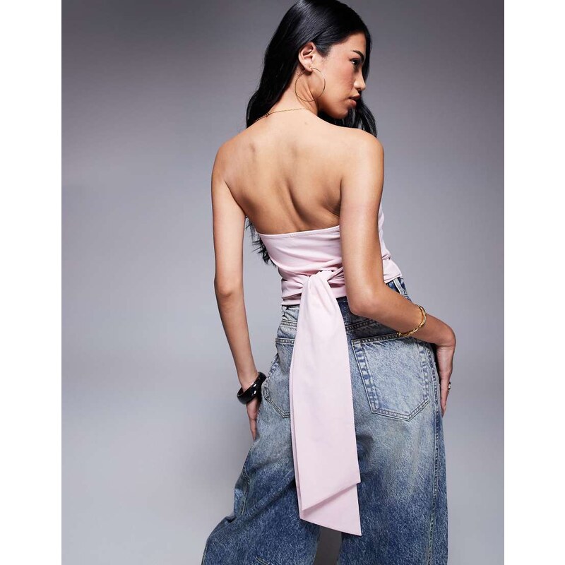 ASOS DESIGN tie waist detail bandeau top in pastel pink