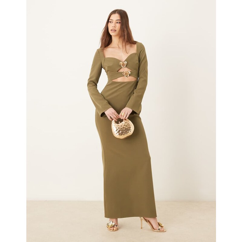 Pretty Lavish removable gold trim crepe maxi dress in olive-Green 105996950