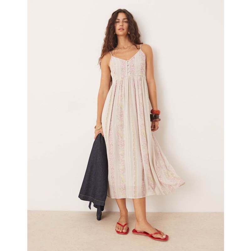YAS Festival cami midi dress with button front detail in cream floral 106063459