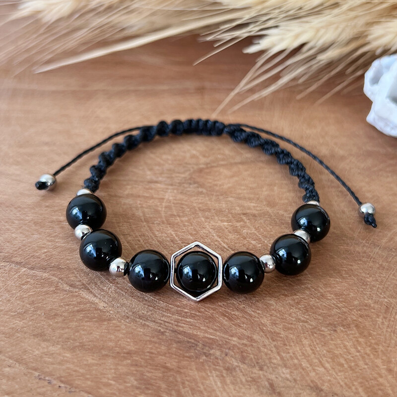 Estemia Macramé náramek z onyxu Hexagon - Ag925