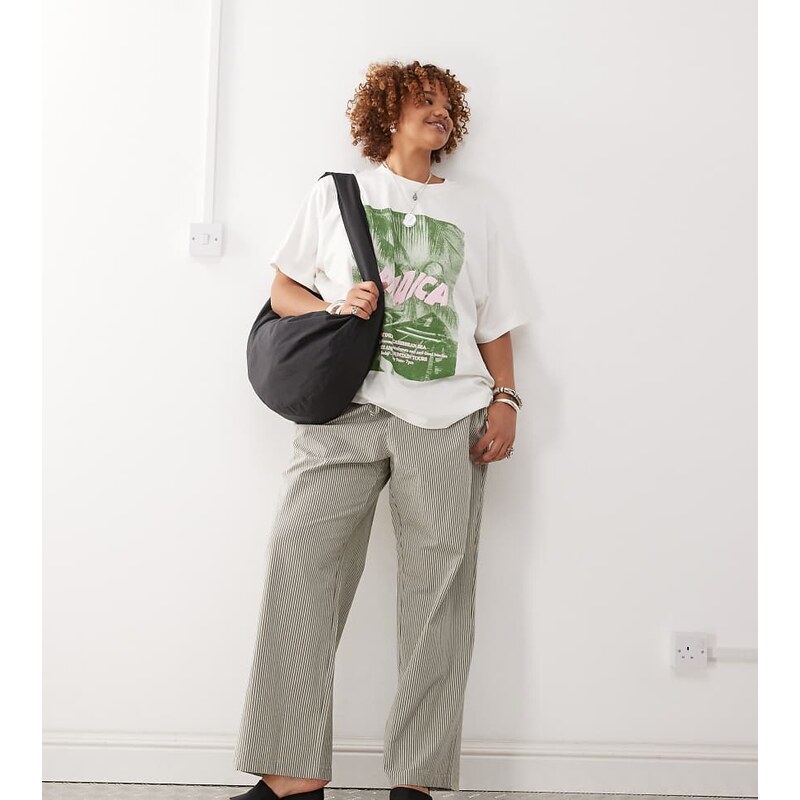 Noisy May Curve tie front wide leg trousers in grey stripe 106004658