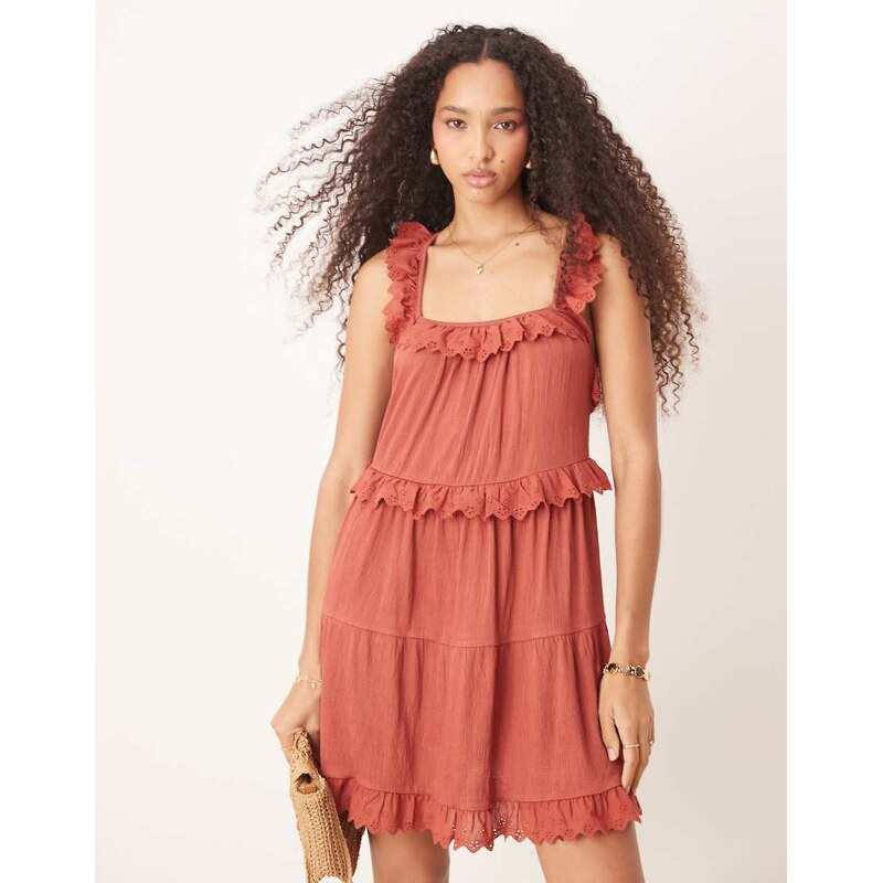 ASOS DESIGN lace insert ruffle tiered swing mini dress in rust