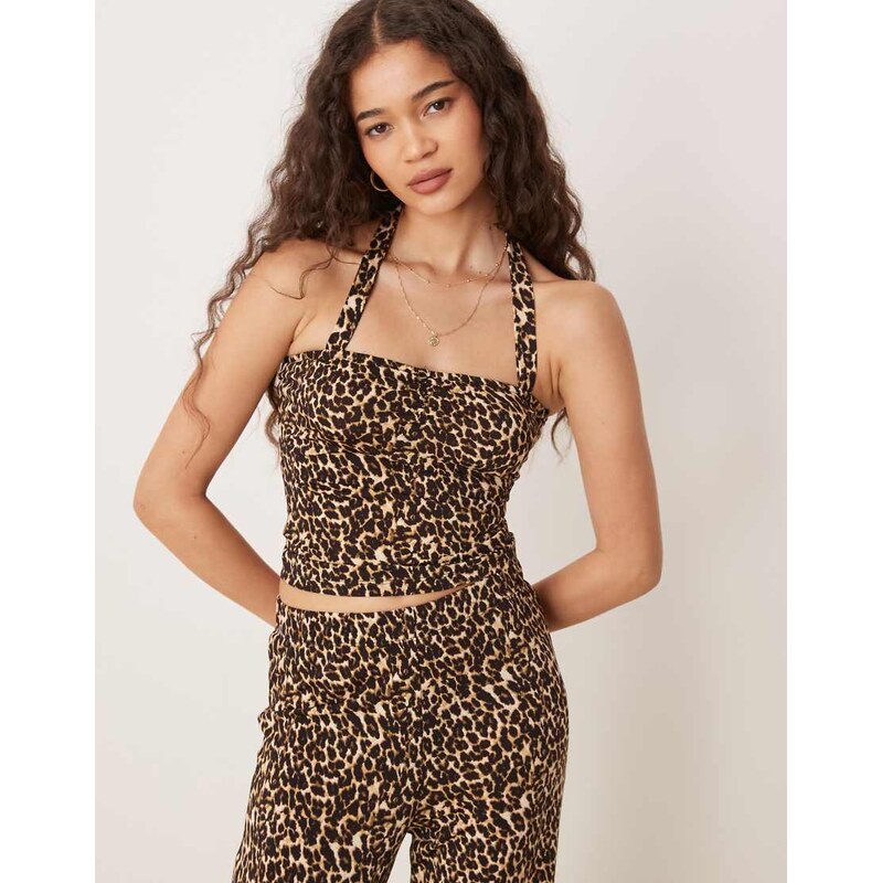 Vila slinky jersey halter neck top co-ord in leopard print-Multi