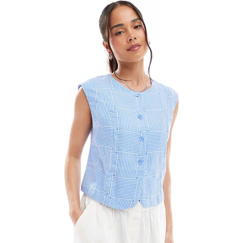 Object cropped waistcoat top in blue crosshatch print-White 106005037