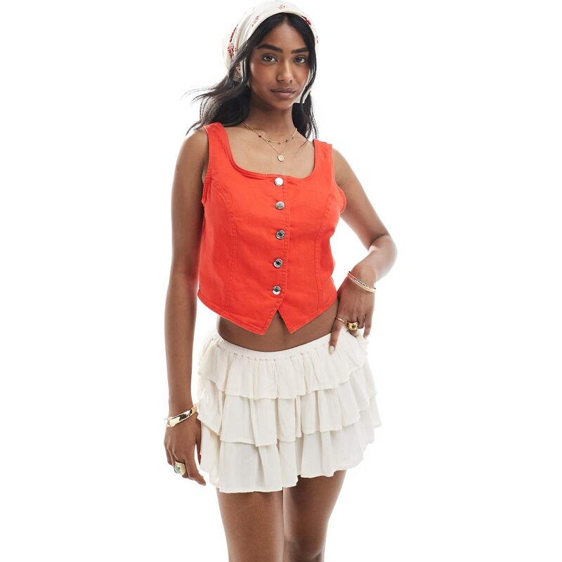 Vero Moda buttondown denim corset top in red-Pink 111260374