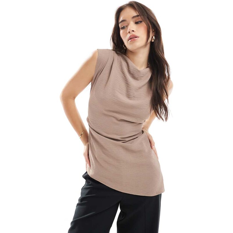 ASOS DESIGN drape cowl neck top with open tie back detail in mushroom 106005298
