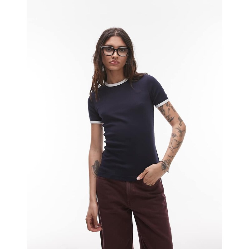 ARKET jersey ribbed t-shirt in navy blue with contrast binding 106005462