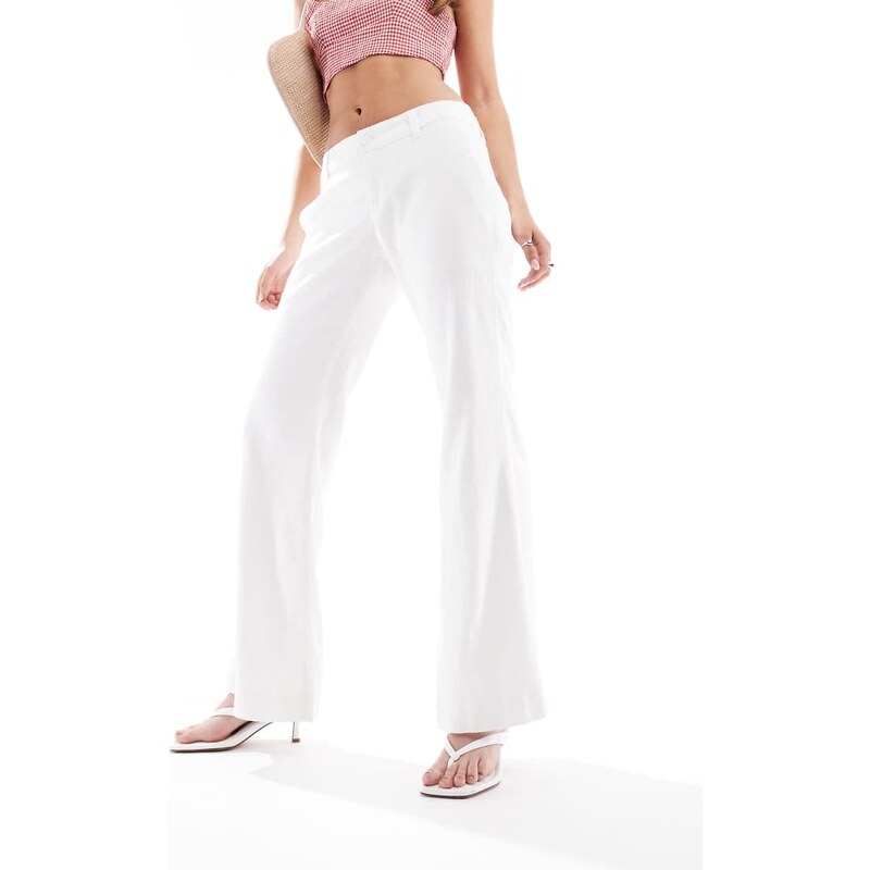 Hollister low rise linen tailored baggy flare trousers in white 106005509