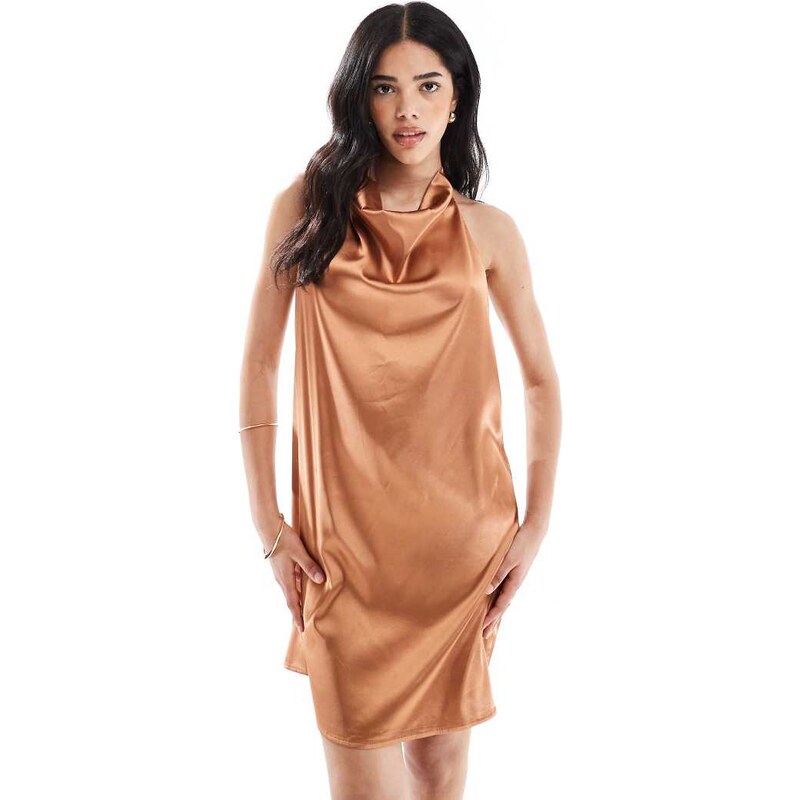 Object halter neck mini slip dress in spice brown 106005075