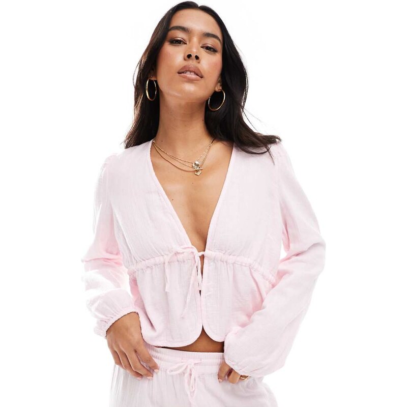 Pieces crinkle cotton tie front cropped blouse co-ord in light pink 115511950