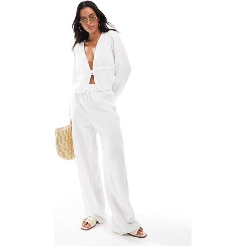 Pieces crinkle cotton wide leg trouser co-ord in cloud white 106005556