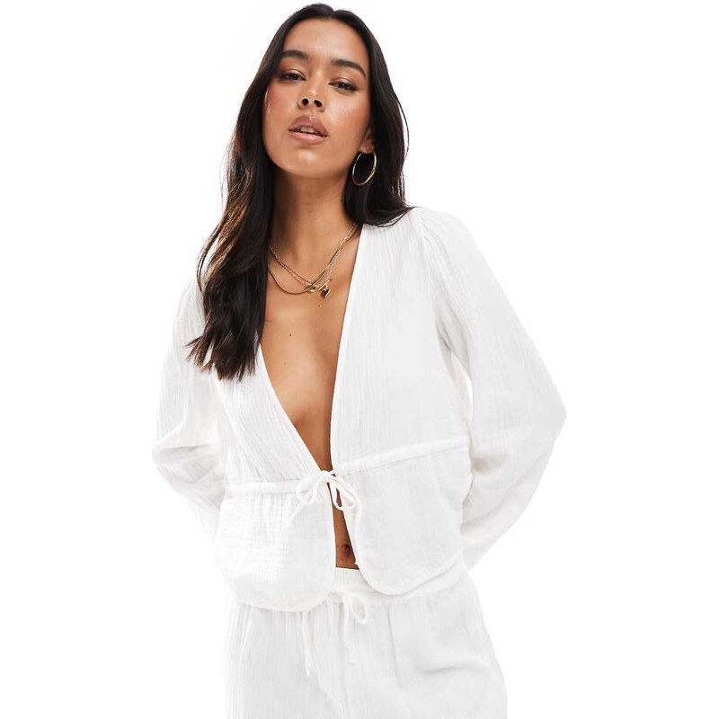 Pieces crinkle cotton tie front cropped blouse co-ord in cloud white 106051169