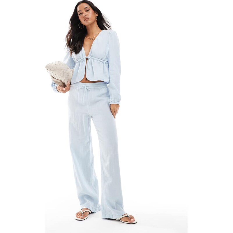 Pieces crinkle cotton wide leg trouser co-ord in light blue