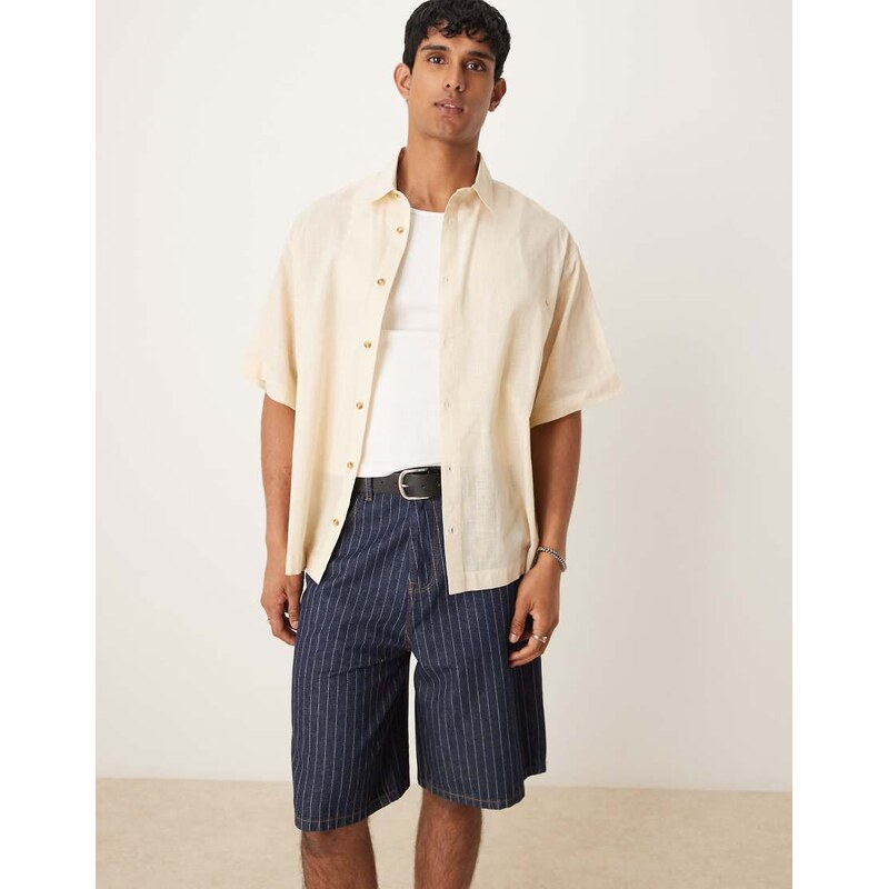 ASOS DESIGN boxy oversized linen look shirt in stone-Neutral