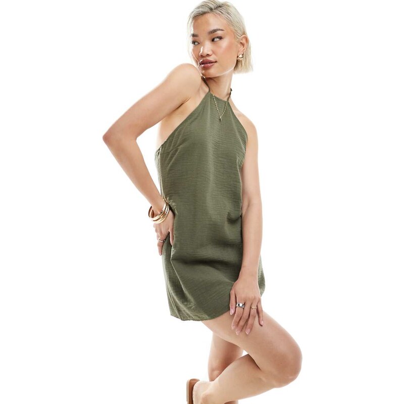 Vero Moda linen look halter neck mini dress in herb green 106005619