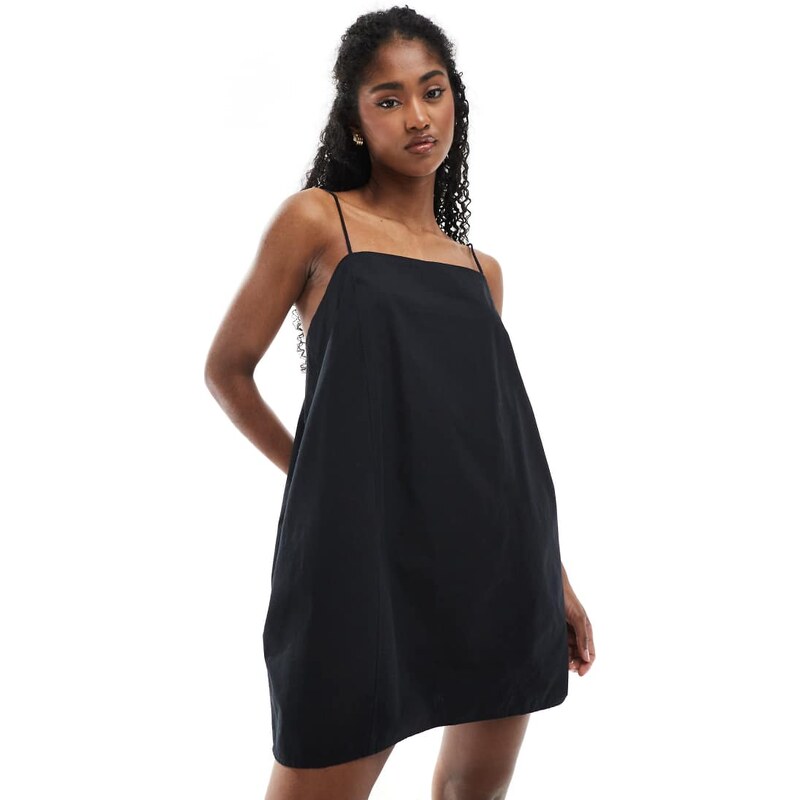 Monki cotton poplin mini dress with tie straps in black