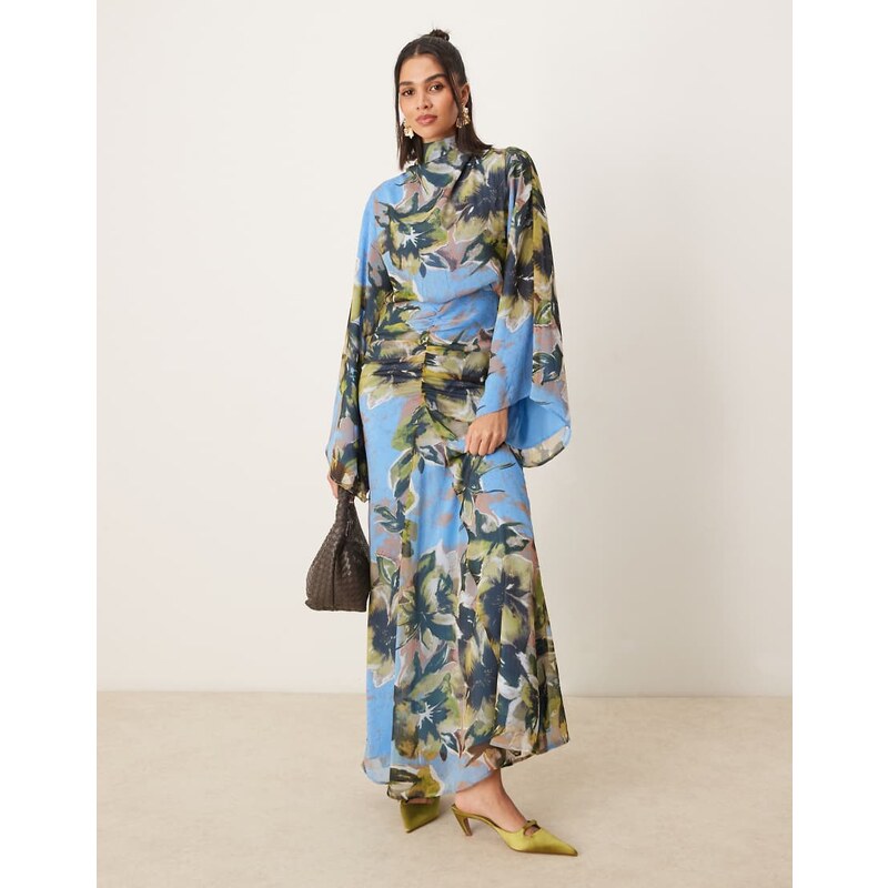 ASOS DESIGN volume sleeve maxi dress with ruched skirt in blue floral 106253268