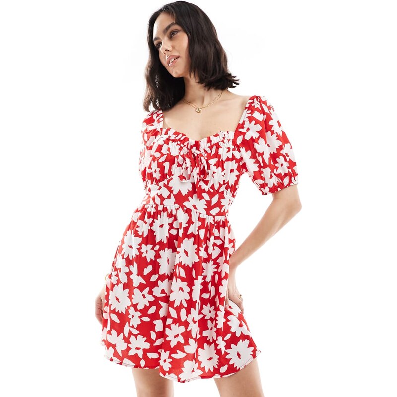 Wednesdays Girl bold floral puff sleeve mini dress in red 106195815