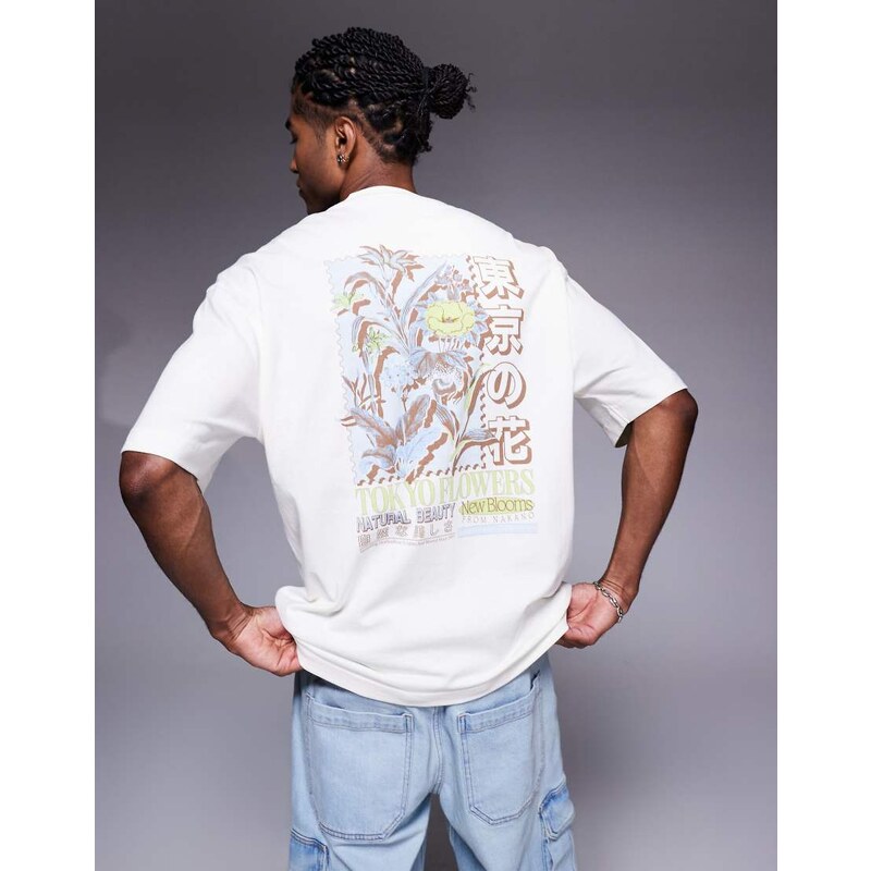 River Island Tokyo flowers oversized t-shirt in ecru-White