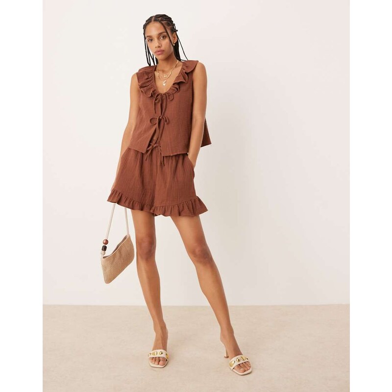 Nobodys Child Tara gauze ruffle detail shorts co-ord in chocolate 106063490