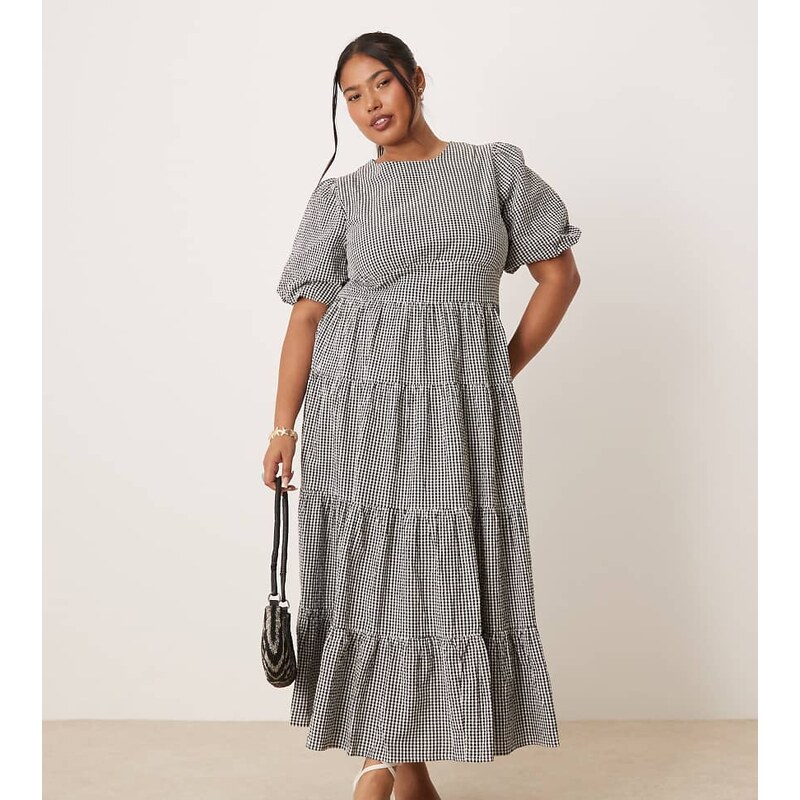 Nobodys Child Plus Ricky puff sleeve midi dress in mono gingham