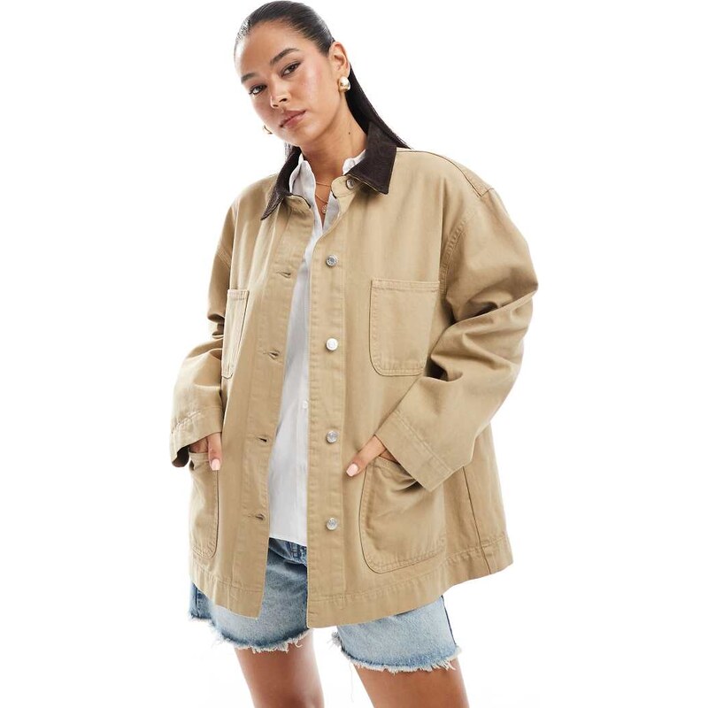 ASOS DESIGN denim barn jacket with contrast collar in stone-Neutral 114489598