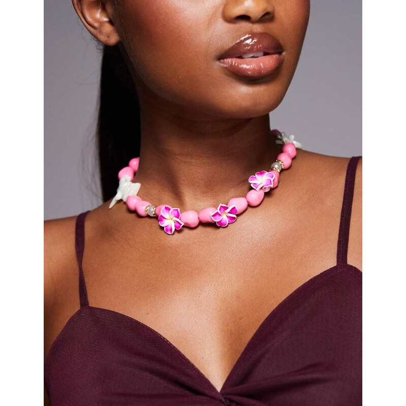 South Beach lotus flower chunky beaded necklace in pink 106008335