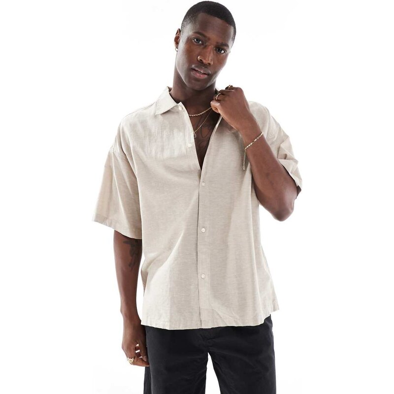Jack & Jones oversized linen blend shirt in beige-Neutral