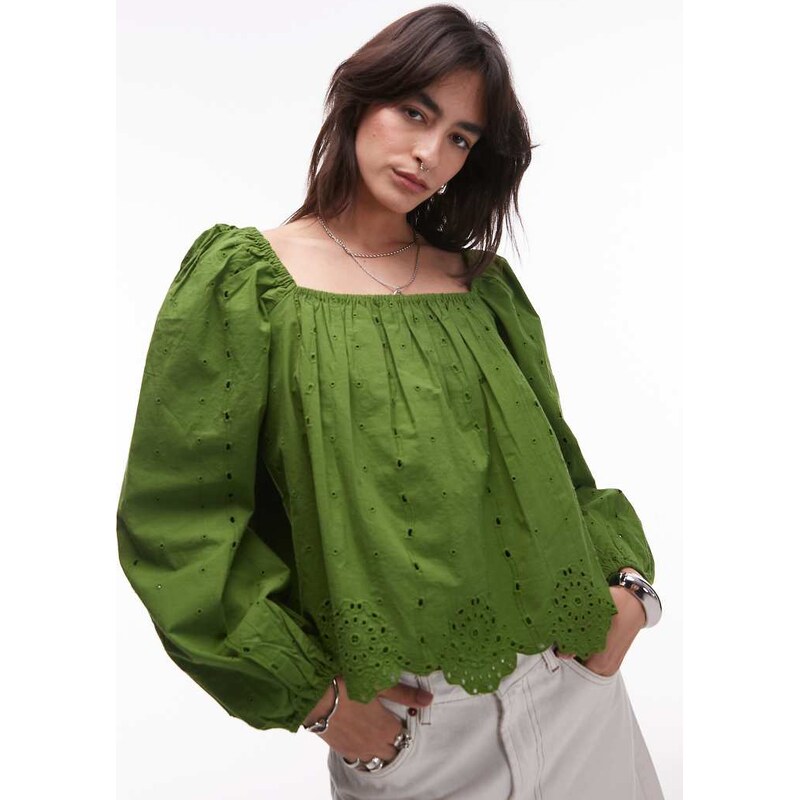 Topshop cutwork long sleeve top in green 106008368